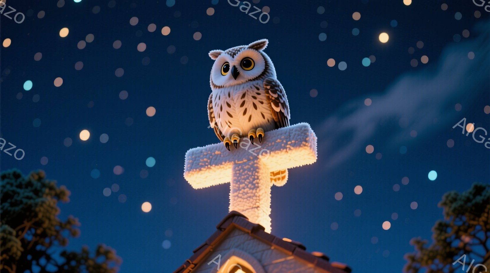 柔らかい茶色のテディベアが、白い翼を広げ、光の柱の中に浮かんでいます。背景には、鮮やかな色彩のステンドグラスの窓があり、教会内部のような壮麗な空間が広がっています。全体的に神聖で幻想的な雰囲気が漂い、ベアは天使のように見えます。