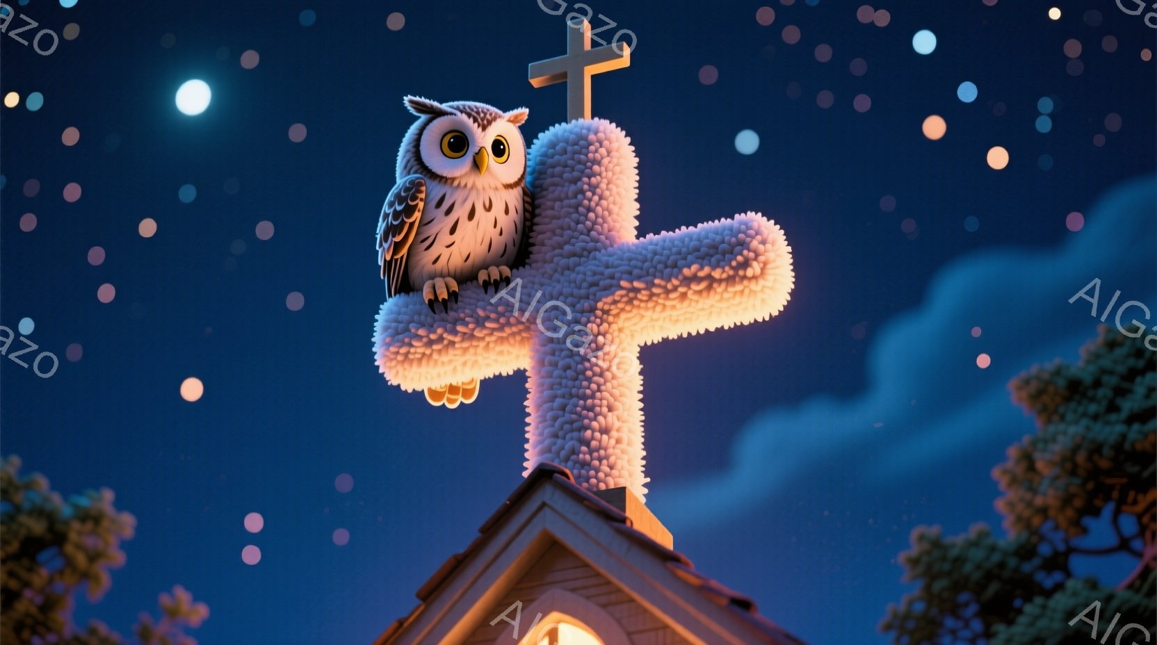 夜空を背景に、教会屋根の上にある十字架に、フクロウが座っている様子が描かれています。フクロウは丸い十字架にしっかりと掴まり、正面を見つめています。周囲は暗い夜空で星が輝き、教会の壁と木々がシルエットのように見え、神秘的な雰囲気を醸し出しています。