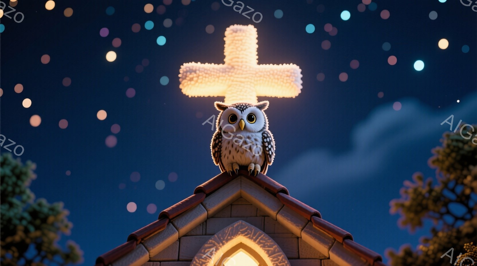 可愛らしいフクロウが、小さな教会の屋根の上に座っています。フクロウは丸い瞳で前を見つめ、穏やかな表情をしています。夜空には無数の光が輝き、教会の窓からは暖かい光が漏れ出し、静かで幻想的な雰囲気を醸し出 - AI生成フリー素材