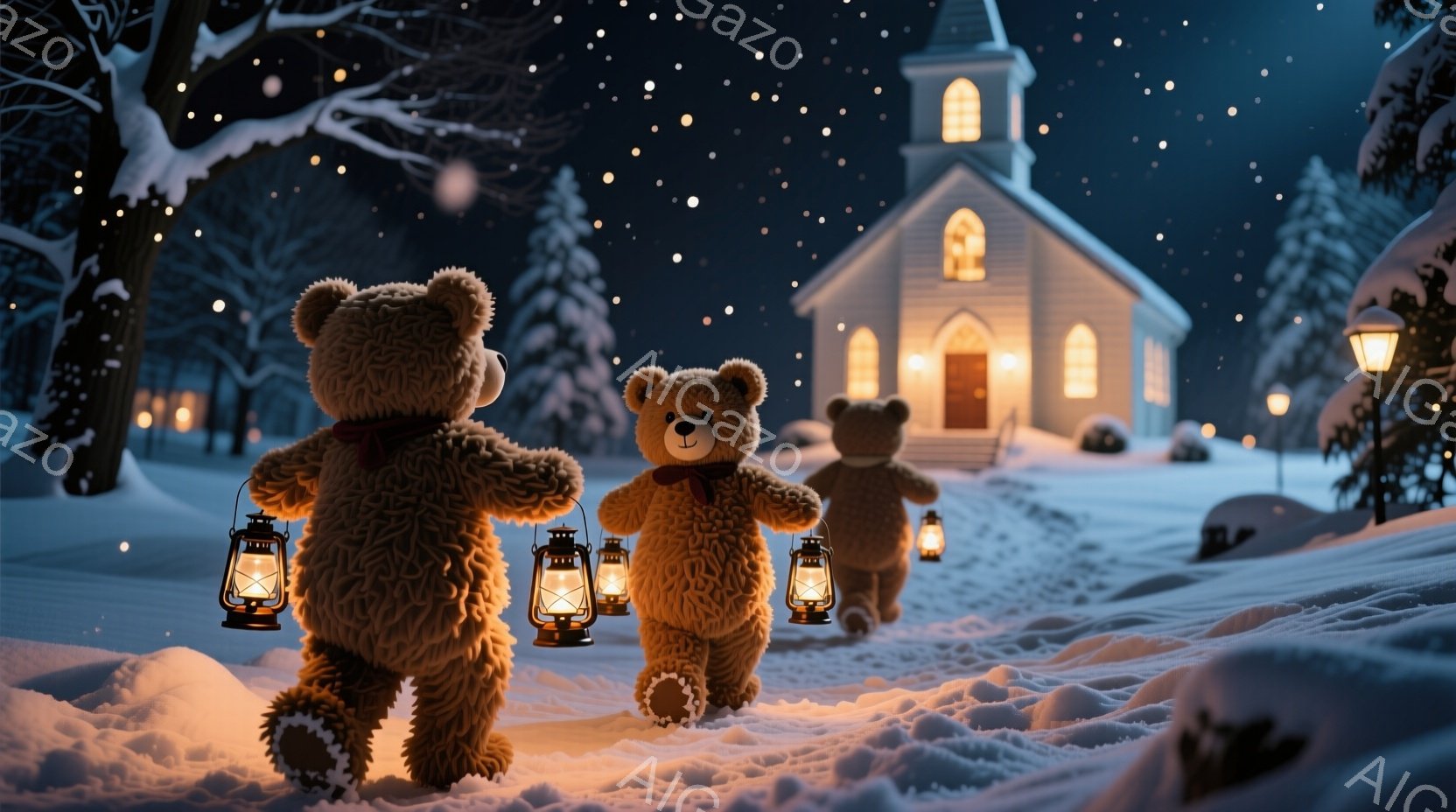 暖炉のような色合いのテディベアが三人、雪道をランタンを手に歩いている。背景には雪に覆われた教会と、かすかに光る街灯が見え、雪が静かに降り積もる幻想的な冬の夜を表現している。全体的に、温かく、穏やかで、どこか懐かしい雰囲気が漂っている。
