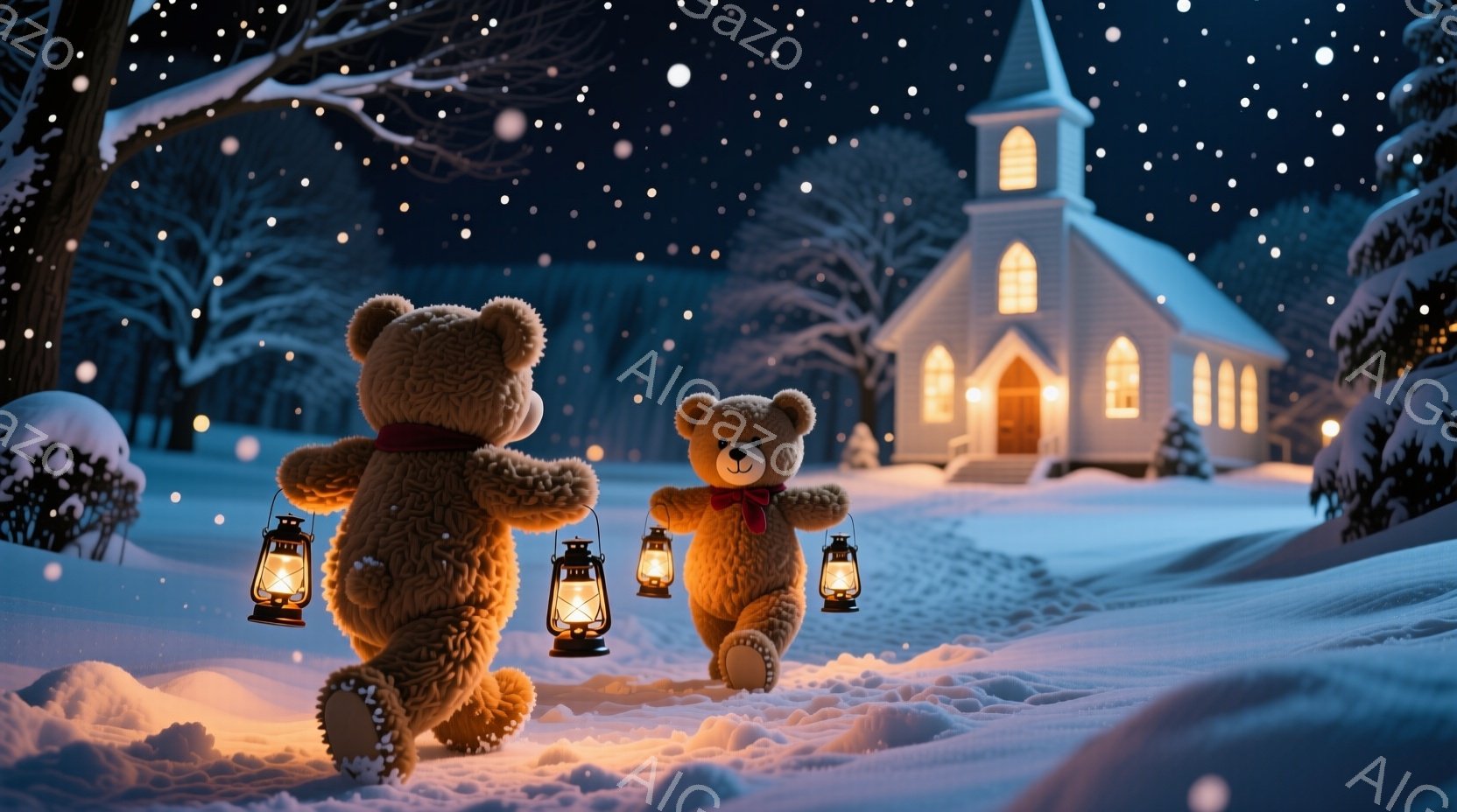 雪景色の中、提灯を持った二匹のテディベアが歩いている。彼らは可愛らしい赤いリボンを首に巻き、暗い雪道に暖かい光を灯している。背景には、雪に覆われた教会の建物があり、冬の静かで幻想的な雰囲気を醸し出している。