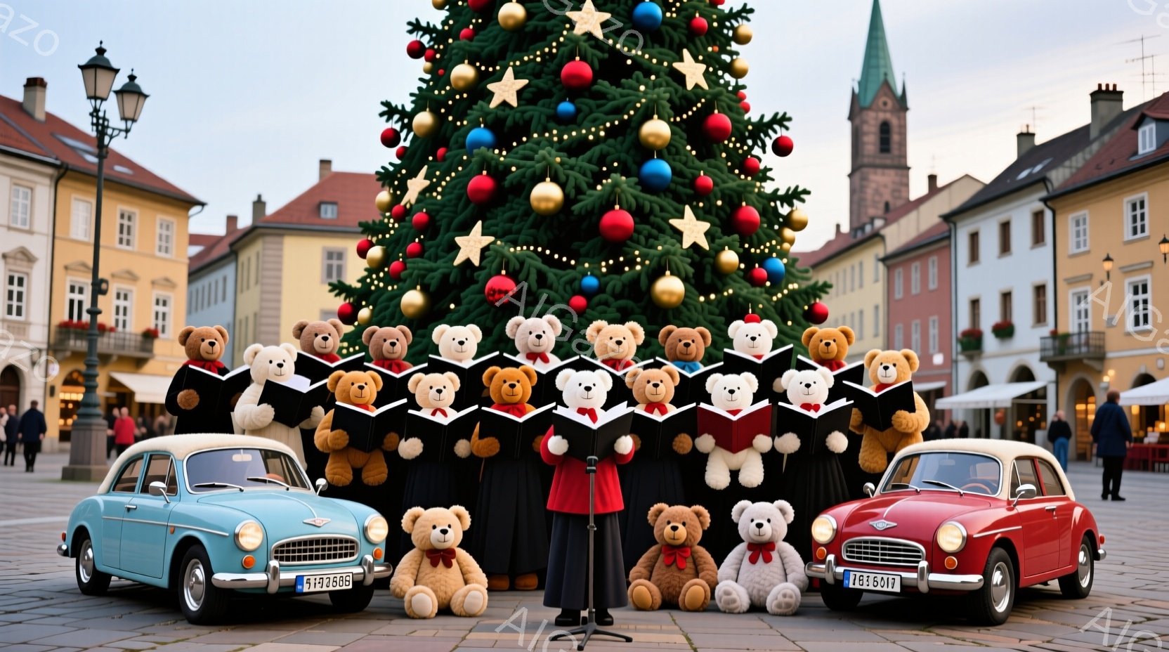 広場には巨大なクリスマスツリーが聳え立ち、その前にはたくさんのテディベアが合唱団のように整列している。テディベアたちは赤いジャケットと黒いズボンを着ており、中央には指揮者のような男性が立っている。背景には歴史的な建物が立ち並び、青と赤のクラシックカーが置かれ、祝祭の温かくユーモラスな雰囲気を醸し出している。