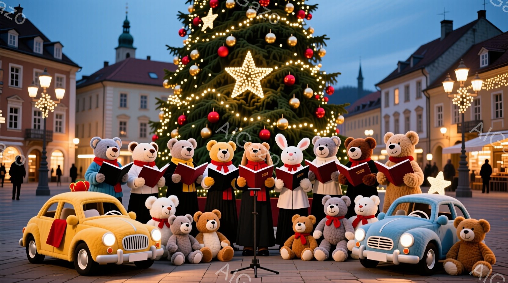 広場の中央には、クリスマスツリーが輝き、その前でクマやウサギのぬいぐるみが合唱団のように整列している。彼らは赤いジャケットと蝶ネクタイという統一された服装で、楽譜を手に歌っている様子で、車両が両脇に配置されている。背景にはヨーロッパ風の建物が並び、夕暮れ時の穏やかな光が全体を包み込み、温かく幻想的な雰囲気を醸し出している。