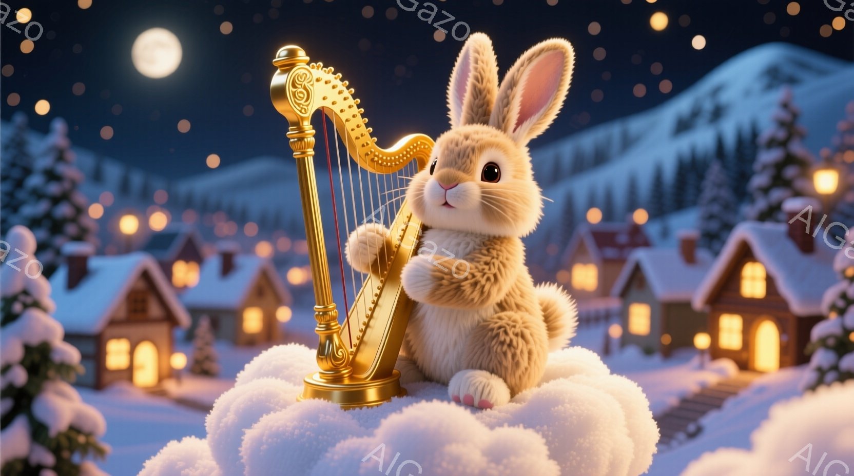 ふわふわの茶色のウサギが雲の上に座り、金色のハープを抱えています。背景には雪に覆われた家々が並び、遠くには雪山が見え、夜空には星が輝いています。全体的に温かく幻想的な雰囲気で、クリスマスの夜のような、静かで平和な情景が表現されています。