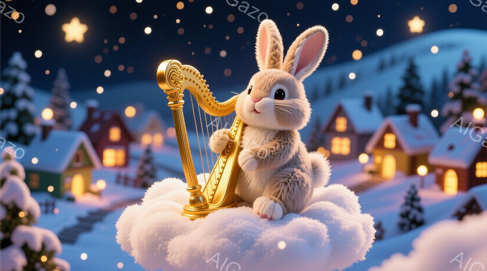 ふわふわの白い毛並みのウサギが、雲の上に座って金色のハープを演奏しています。背景には、雪に覆われた家々と針葉樹の森が広がり、夜空には無数の星が輝いています。全体的に、暖かく幻想的な冬の夜の雰囲気が漂っています。