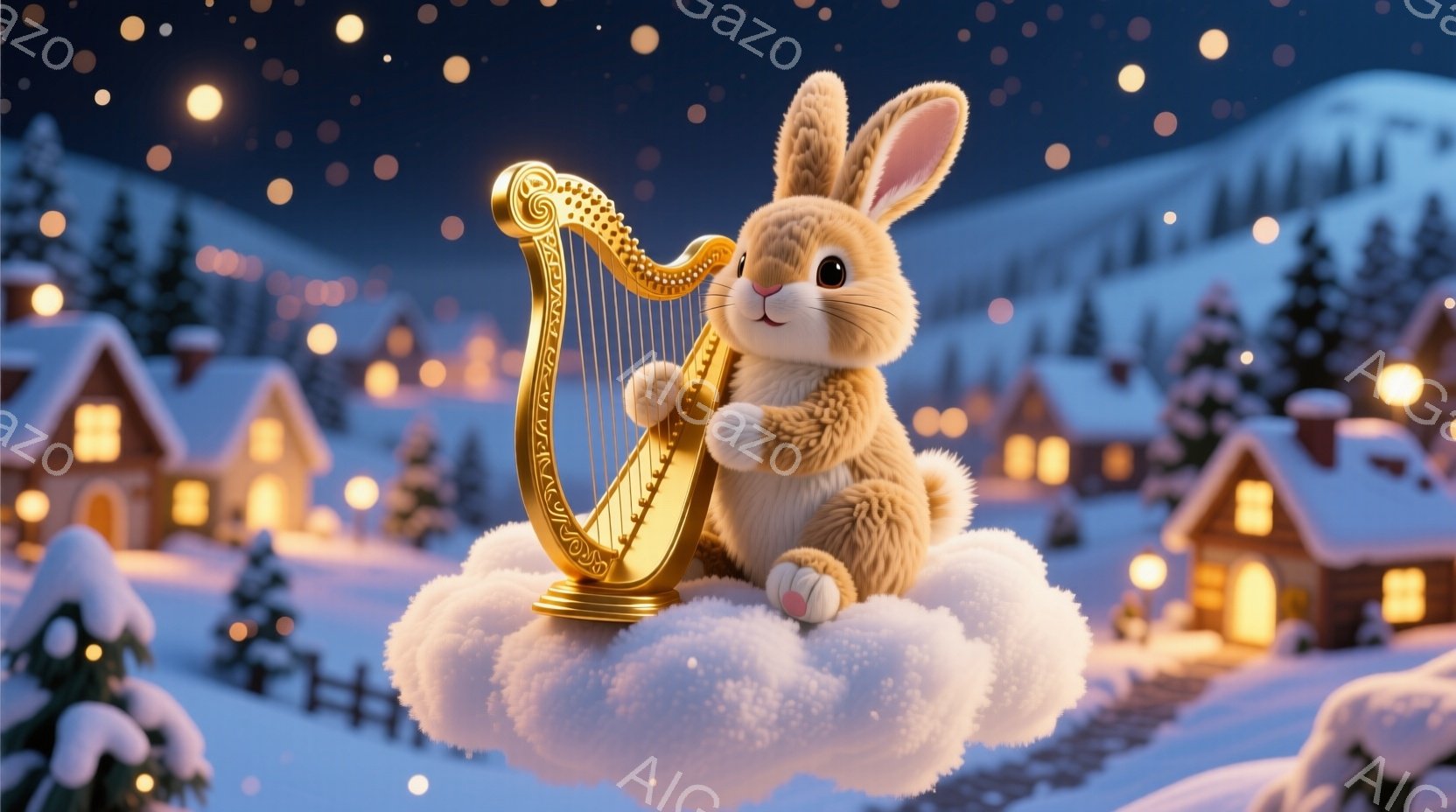 ふわふわの茶色のウサギが雲の上に座り、金色のハープを抱えています。背景には雪で覆われた家々が並び、遠くには針葉樹の森が広がっており、夜空には星が輝いています。全体的に暖かく、幻想的な雰囲気で、冬の夜の - AI生成フリー素材