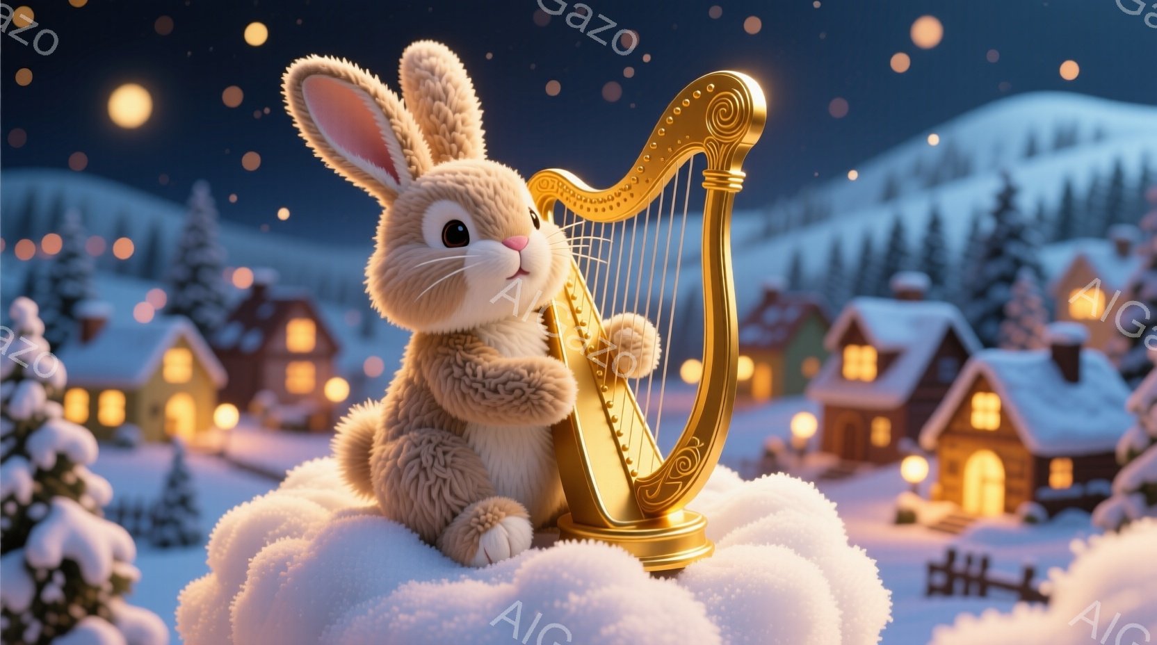 ふわふわの茶色のうさぎが、雪の丘の上に座って金色のハープを演奏しています。背景には、明かりの灯る可愛らしい家々が並び、雪景色が広がっています。全体的に暖かく、幻想的な冬の夜の雰囲気が漂っています。 - AI生成フリー素材