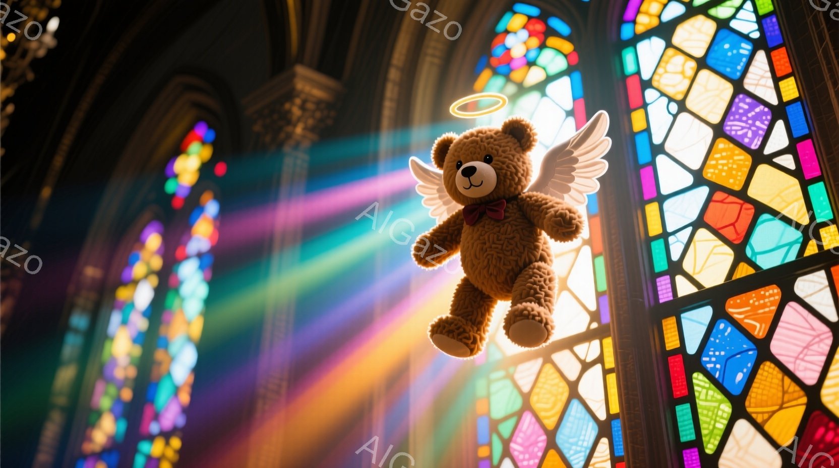 柔らかい茶色のテディベアが、白い翼と光輪をつけて宙に浮いています。背景には、カラフルなステンドグラスが広がる大聖堂の内部があり、強い光線がベアを照らしています。全体的に、神聖で温かい雰囲気を醸し出しています。
