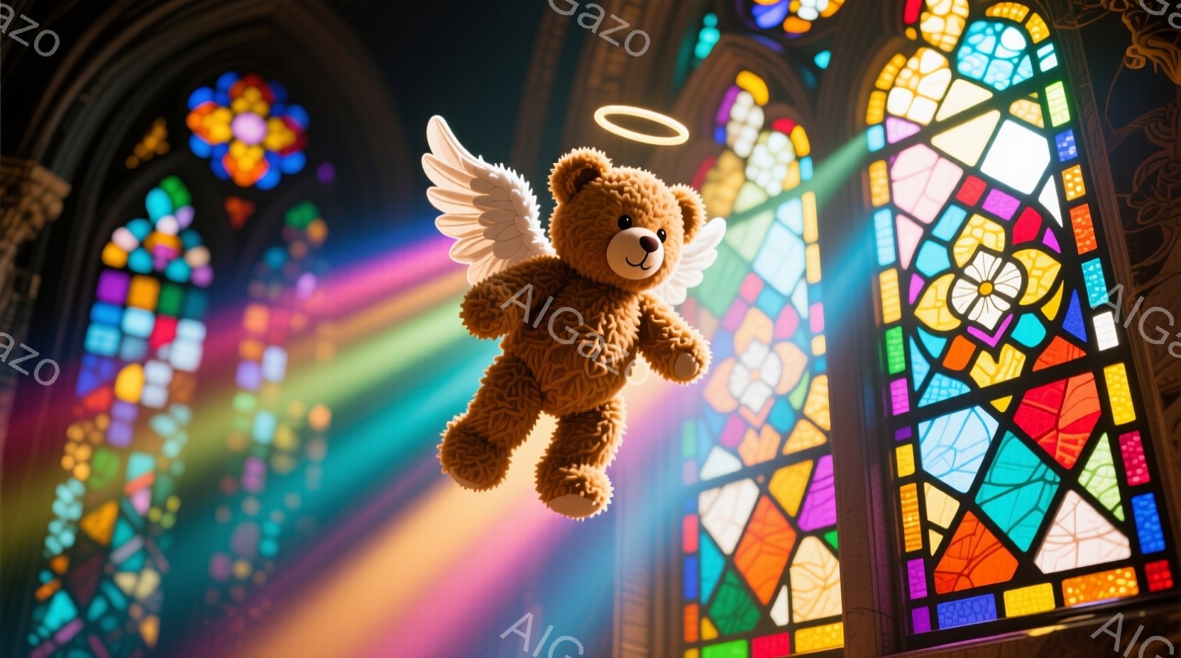 柔らかい茶色のテディベアが、白い翼と光輪を付けて空中に浮かんでいます。背景には、鮮やかな色彩のステンドグラスが並んだ、荘厳なゴシック様式の教会内部が見え、光線が差し込んでいる様子が描かれています。全体的に神聖で穏やかな雰囲気が漂っています。
