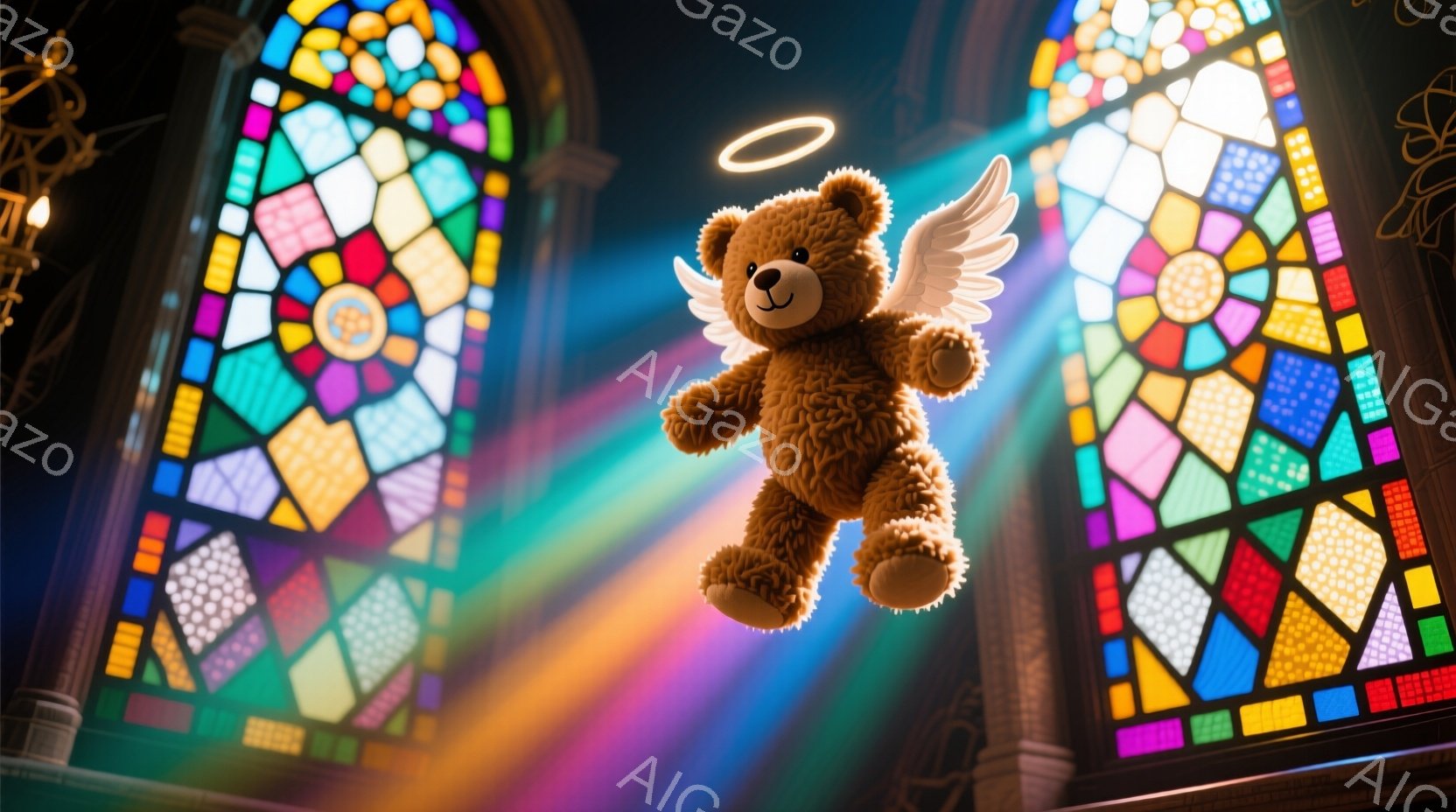 茶色のテディベアが、白い翼と光輪をつけて宙に浮かんでいる。背景にはステンドグラスの窓が並び、窓から差し込む光がベアを照らしている。全体的に神聖で幻想的な雰囲気が漂う。 - AI生成フリー素材