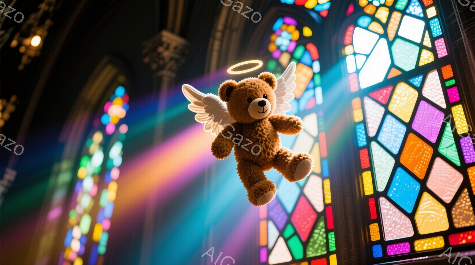 ぬいぐるみである茶色のクマが、白い翼と頭上の光輪を付けて、教会内部で宙に浮いています。ステンドグラスから色とりどりの光が差し込み、クマの周りを照らしており、神聖で幻想的な雰囲気を醸し出しています。 教 - AI生成フリー素材