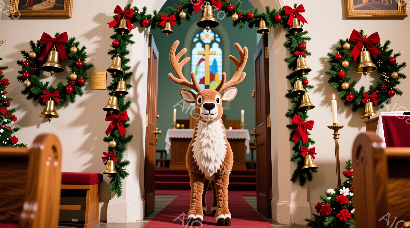 教会の祭壇の前に、大きなぬいぐるみのトナカイが立っている。祭壇と通路は赤いカーペットで覆われ、周りにはクリスマスリースとベルが飾られている。全体的に、クリスマスを祝う静かで荘厳な雰囲気である。