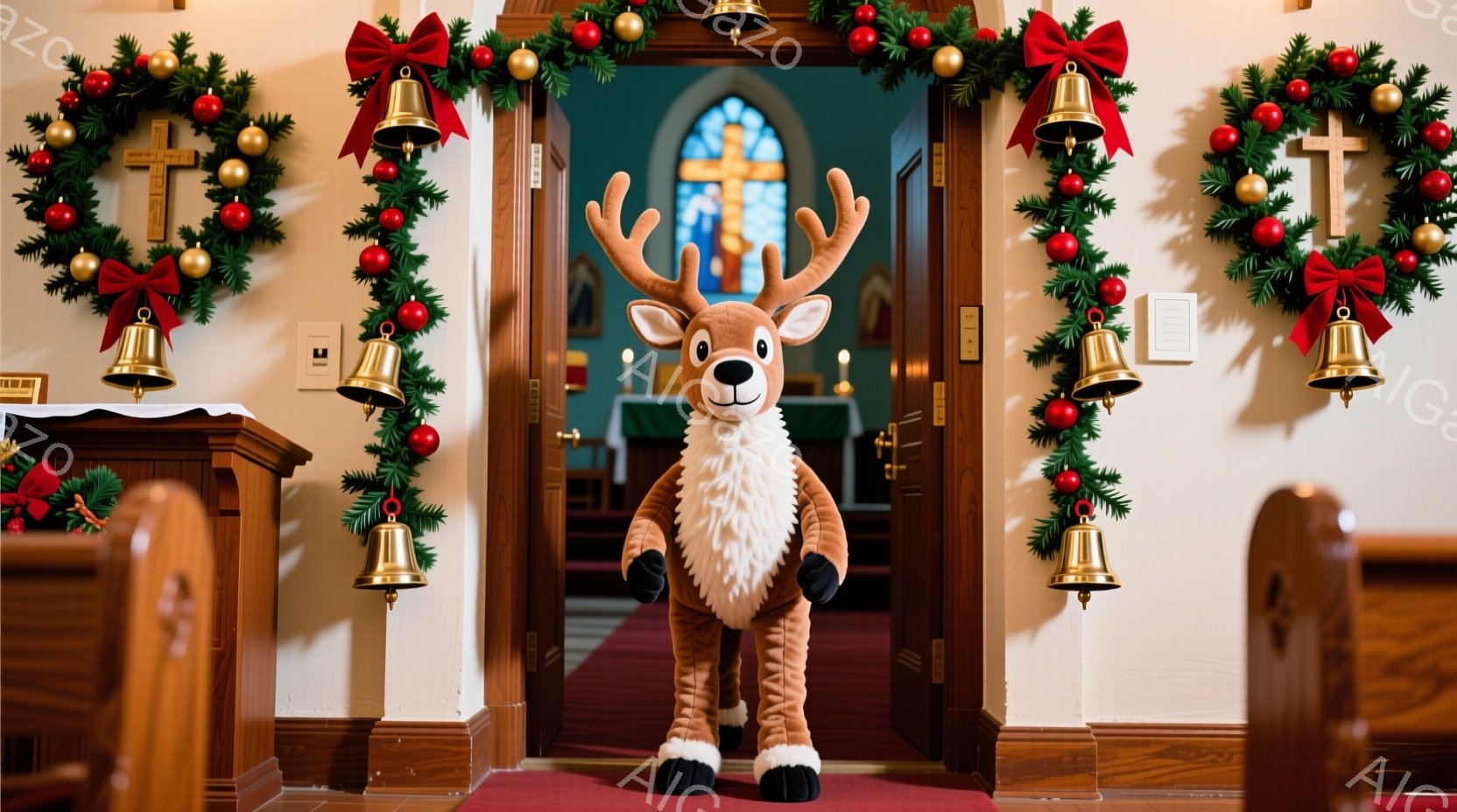 礼拝堂の入り口に、大きなトナカイの着ぐるみが立っている。背景にはステンドグラスの窓が見え、入り口はクリスマスらしい飾り付けで彩られている。全体的に暖かく、お祝いの雰囲気で、まるでクリスマスのイベントの入り口のようだ。