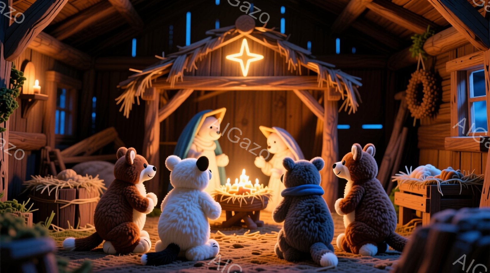 藁葺き屋根の小屋の中で、四匹のテディベアが暖炉の火を見つめています。それぞれ茶色や白など異なる毛並みで、祈るような姿勢でひざまずいています。背景には藁や木箱が置かれ、小屋の壁には松飾りが飾られ、全体的に暖かく、静かで、心温まるクリスマスの雰囲気を醸し出しています。