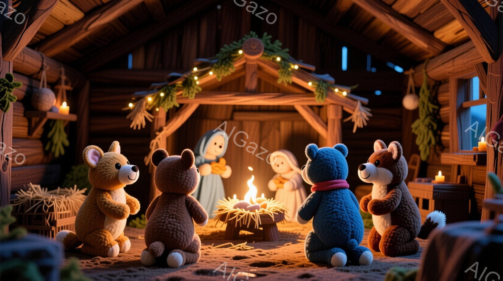 暖炉を囲んで座る、ふわふわしたテディベアたちが描かれています。彼らはそれぞれ異なる色合いの毛並みで、リラックスした表情をしています。背景には木造の建物と、クリスマスの飾り付けが施された暖かく穏やかな雰 - AI生成フリー素材