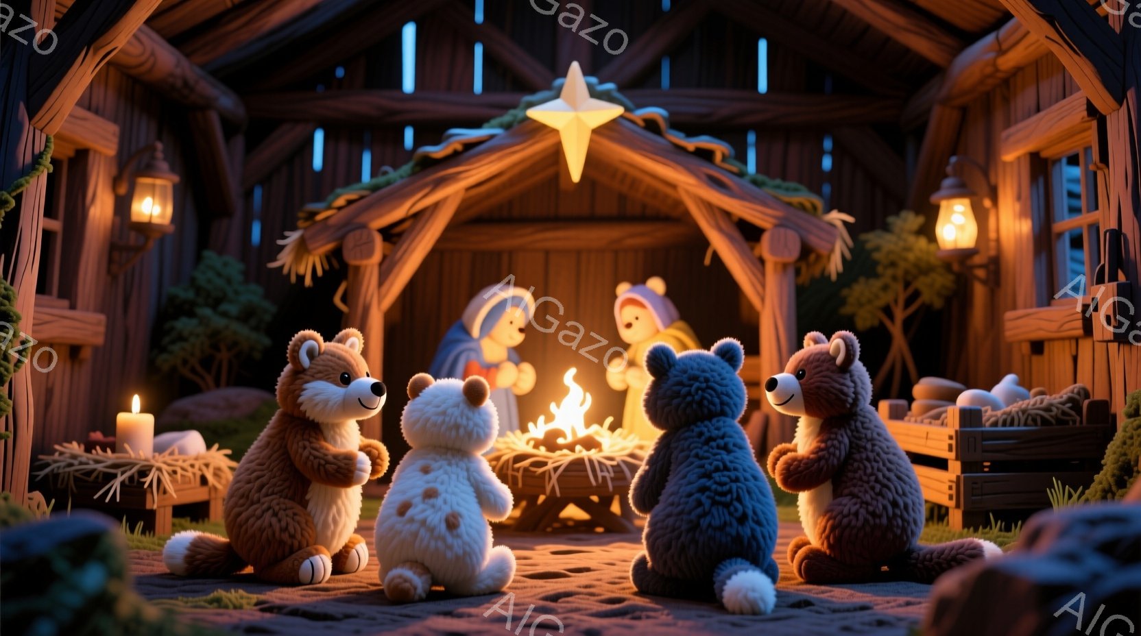 暖炉の周りには、毛並みの異なる四匹のテディベアが座り、中央には小さなイエス・キリストの像が描かれています。ベアたちはそれぞれ異なる表情で暖炉を見つめており、まるで物語を聞いているかのようです。背景には木の壁でできた簡素な建物があり、星空の下、温かく穏やかなクリスマスの雰囲気を醸し出しています。