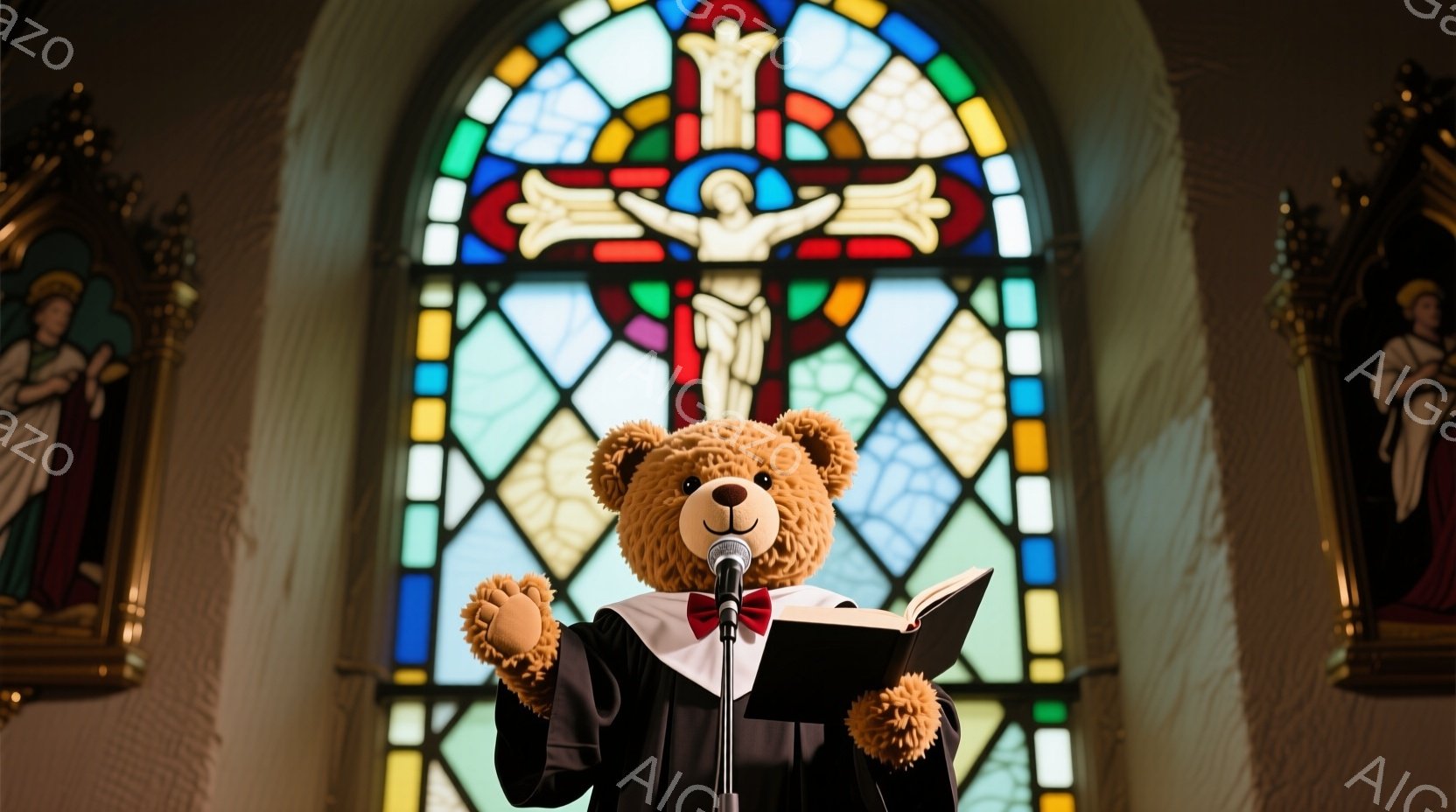 教会の祭壇の前に、茶色のテディベアが黒いローブと赤い蝶ネクタイを身に着け、聖書のような本を手に持っている。ベアは真剣な表情で本を読み、片手を上げて演説しているような姿勢である。背景には、ステンドグラスに描かれたキリストの磔刑の像と、左右に配置された聖母マリアと聖者の絵が飾られた華やかな内装が広がっている。