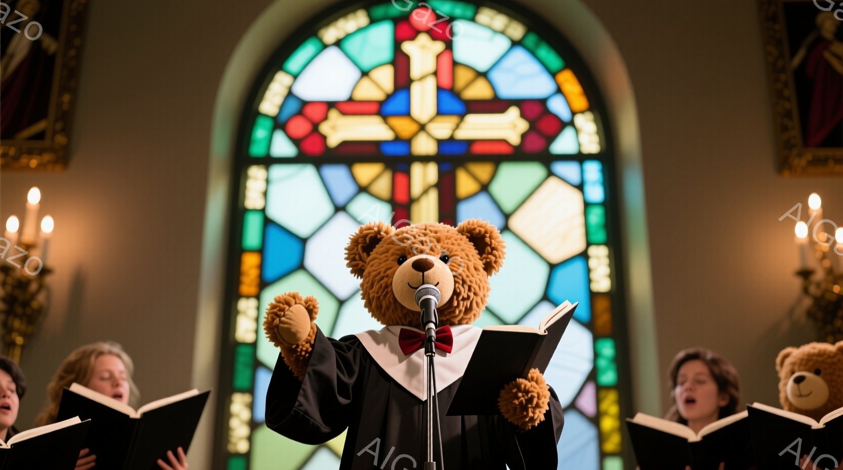 教会の祭壇の前で、大きなテディベアが説教を行っている。黒いローブを羽織り、赤い蝶ネクタイを締めたベアは、片手に聖書を持ち、熱心に何かを語っているように見える。背景にはステンドグラスの窓があり、両脇には聖歌隊と思われる少女たちが歌っている様子が描かれている。