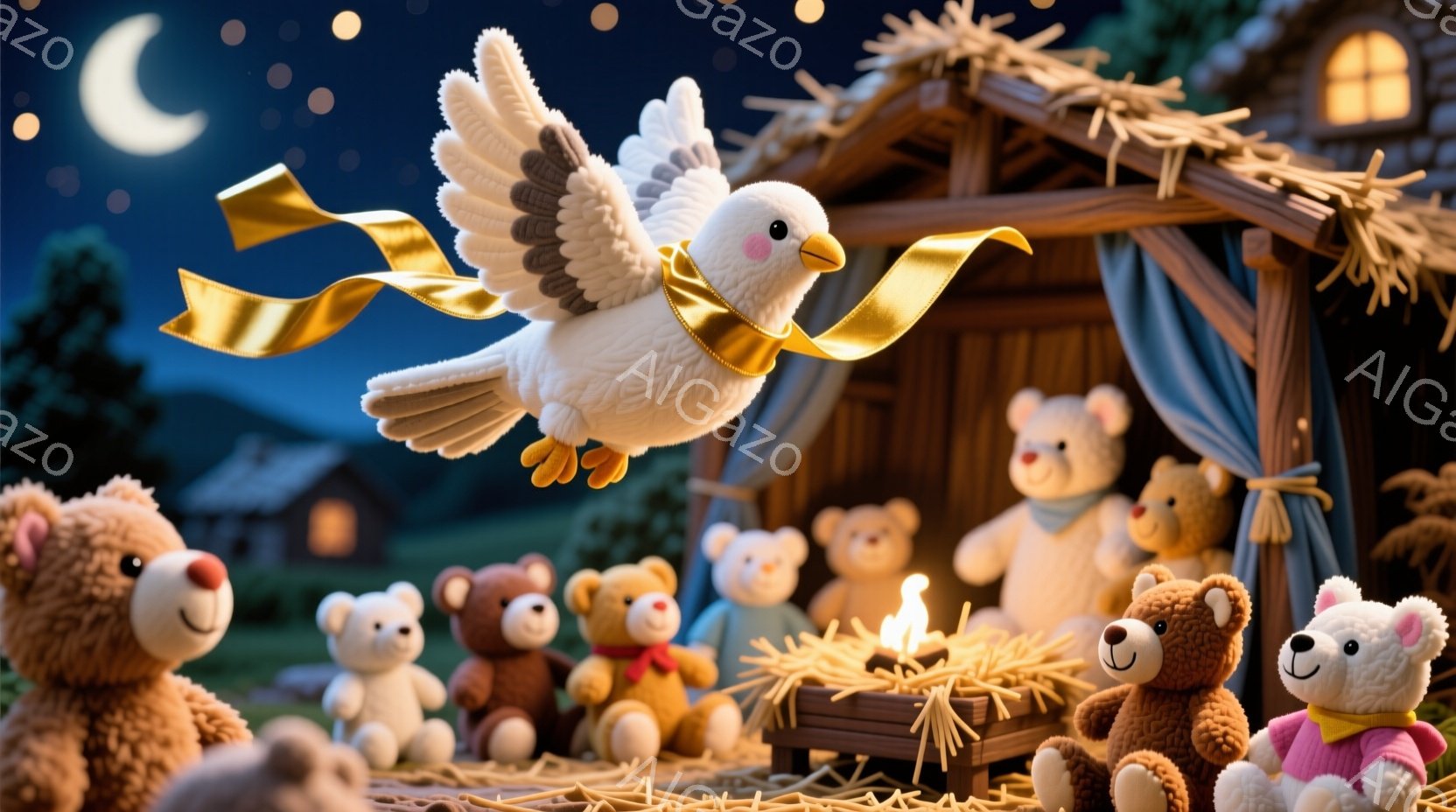 多くのテディベアが藁でできた馬小屋の周りに集まり、小さなかがり火の周りに座っています。白くふわふわした鳩が金色のリボンを身につけ、空を飛んでいます。夜空には月と星が輝き、遠くには小さな家々が見え、全体的に暖かく、おとぎ話のような雰囲気です。