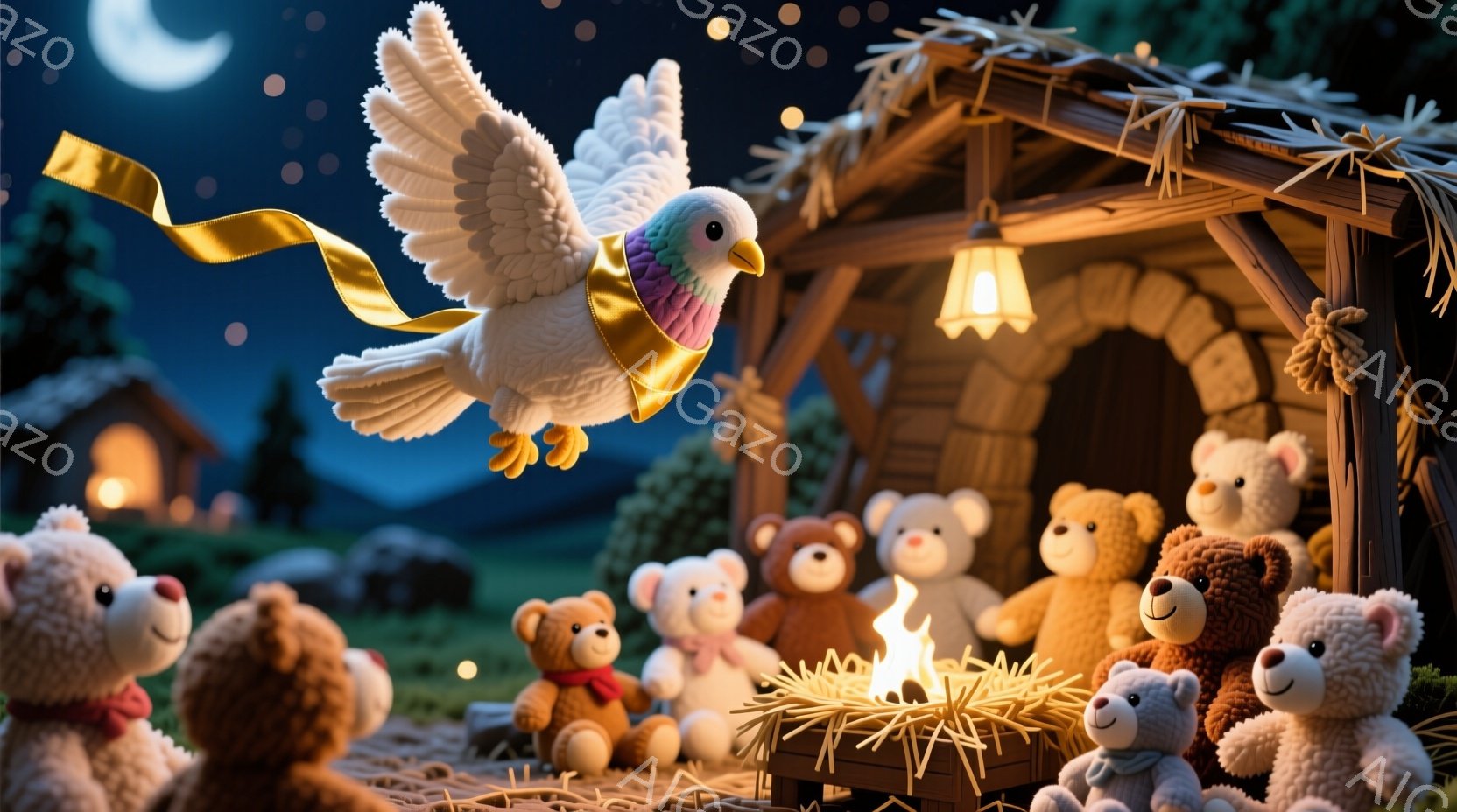 かわいらしいテディベアたちが暖炉の周りに集まり、楽しそうにしている様子が描かれています。夜空には三日月が輝き、背景には小さな家々が点在し、温かく幻想的な雰囲気を作り出しています。一匹の白いハトがリボン - AI生成フリー素材