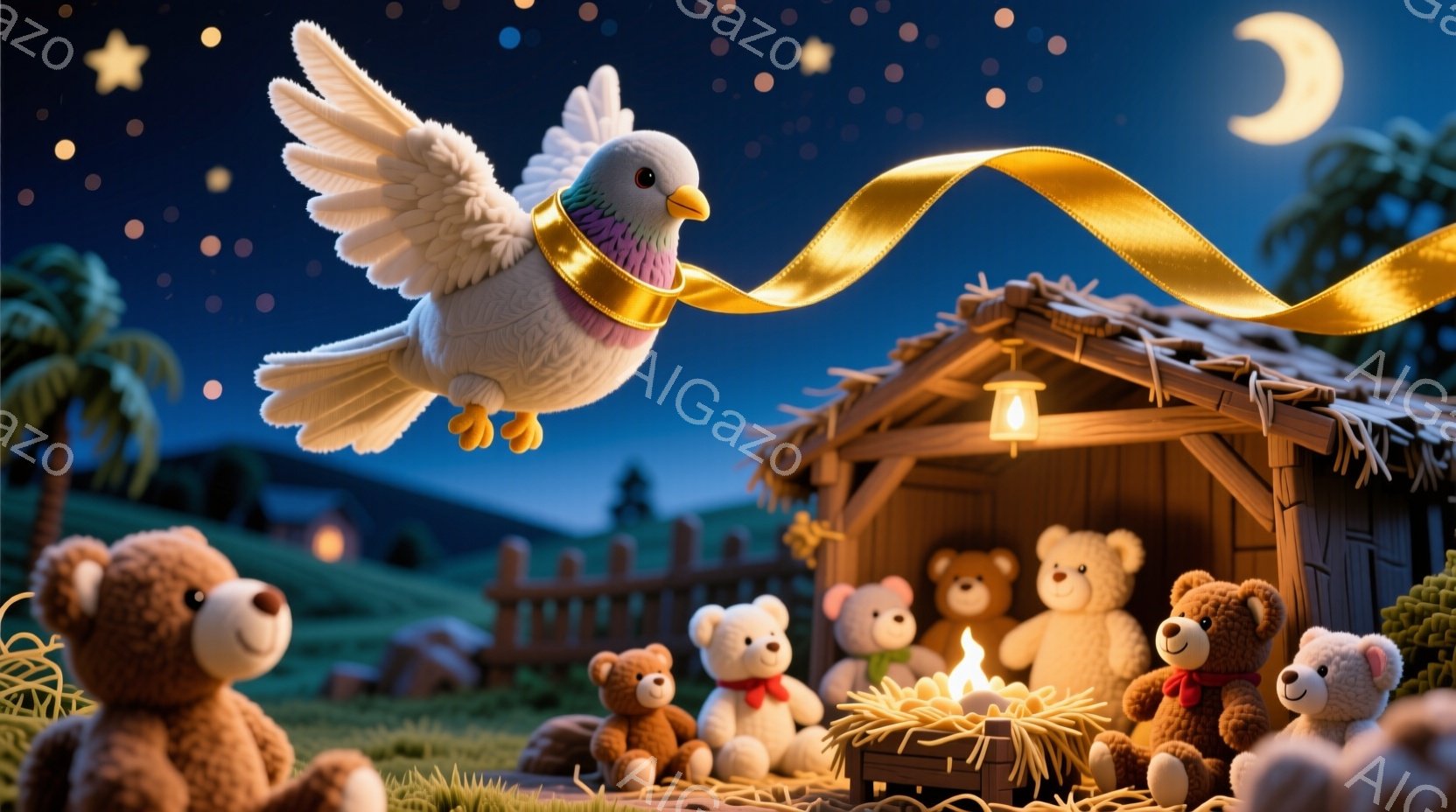 鮮やかな夜空の下、藁葺き屋根の小さな小屋の周りにテディベアたちが集まっています。空にはリボンをつけた白いハトが舞い、小屋の中には暖炉の火が灯り、温かい雰囲気を醸し出しています。背景には緑の丘と遠くの家 - AI生成フリー素材