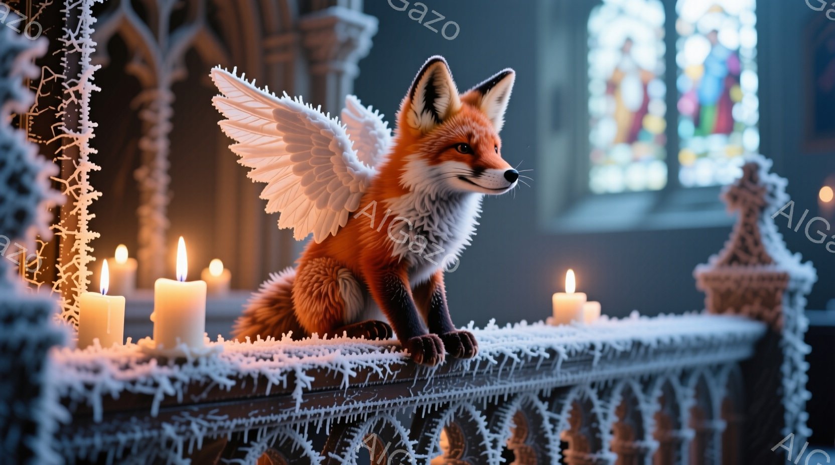 鮮やかなオレンジ色の毛並みを持つキツネが、白い翼を広げ、凍てつくような装飾が施された教会の柵の上に座っています。周囲には光るロウソクが置かれ、背景にはステンドグラスが見え、幻想的で神聖な雰囲気を醸し出しています。キツネは穏やかな表情で、静かに祈りを捧げているかのような印象を与えます。