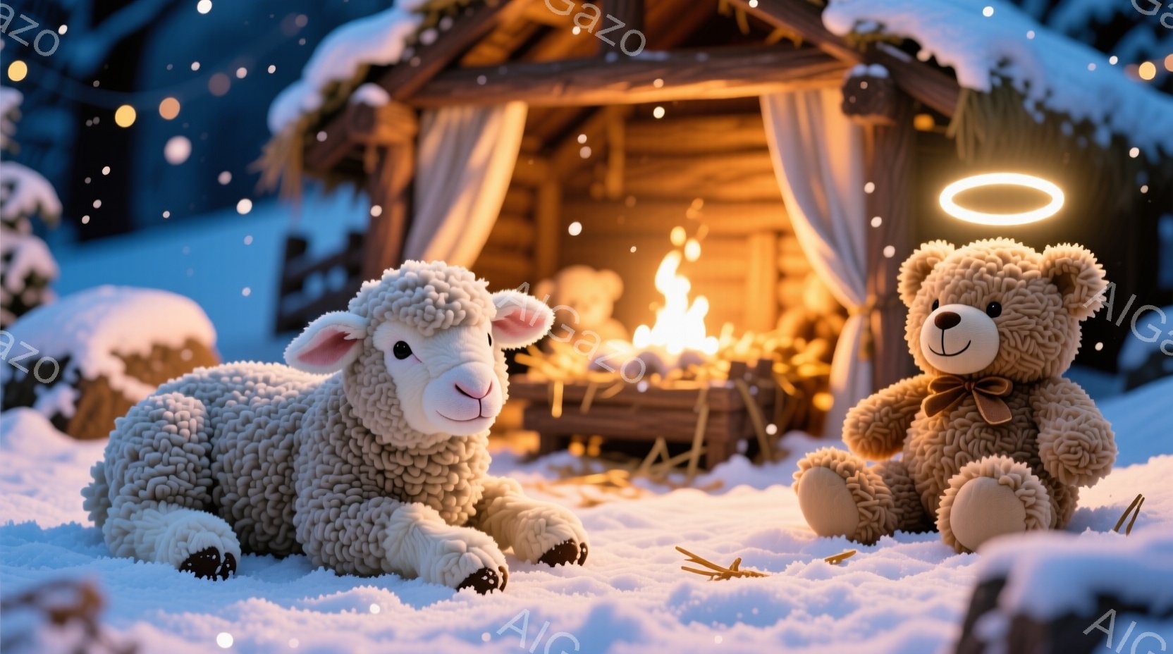 白い羊とクマのぬいぐるみは雪景色の中に横たわっています。羊はリラックスした表情で、クマは赤いリボンを首に結び、頭上に光輪が光っています。背景には藁葺き屋根の小屋があり、中には暖炉の火が灯り、温かい雰囲 - AI生成フリー素材