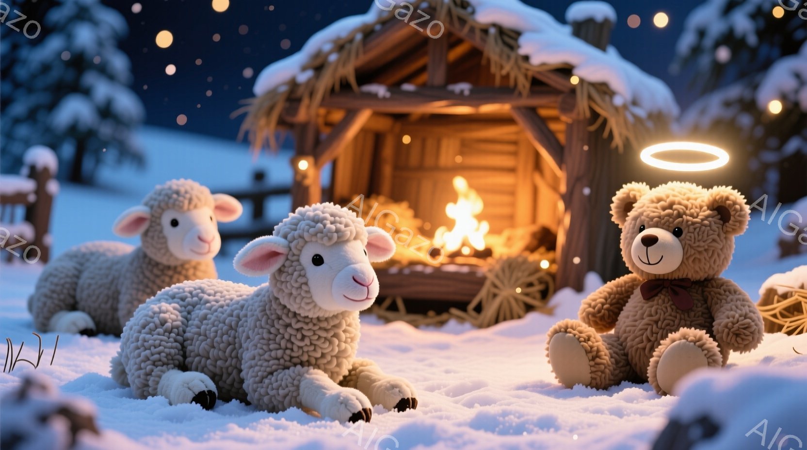 雪景色の中に、三匹の白い羊とテディベアが描かれています。羊たちは雪の上に横たわり、リラックスした表情をしています。背景には藁葺き屋根の小屋があり、中には暖炉の火が灯り、温かい雰囲気を醸し出しています。 - AI生成フリー素材