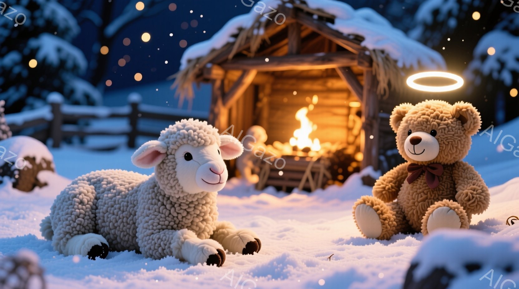 白いヒツジとテディベアが雪景色の中で寄り添って座っています。ヒツジはリラックスして前足を伸ばし、テディベアは赤いリボンをつけて、頭上に天使の輪を光らせています。背景には、暖炉の火が灯った小屋があり、雪が降り積もる夜の静かで穏やかな雰囲気を醸し出しています。