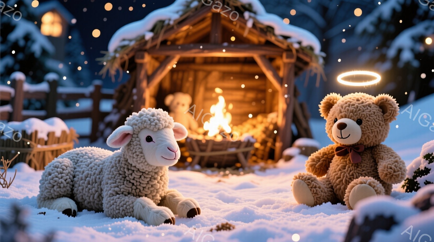 雪景色の中で、ふわふわの白い子羊とテディベアが寄り添って座っています。子羊は穏やかな表情で横たわり、テディベアは赤いリボンをつけ、少し上を見ています。背景には、暖炉の火が灯る小屋があり、雪が舞い散る静 - AI生成フリー素材