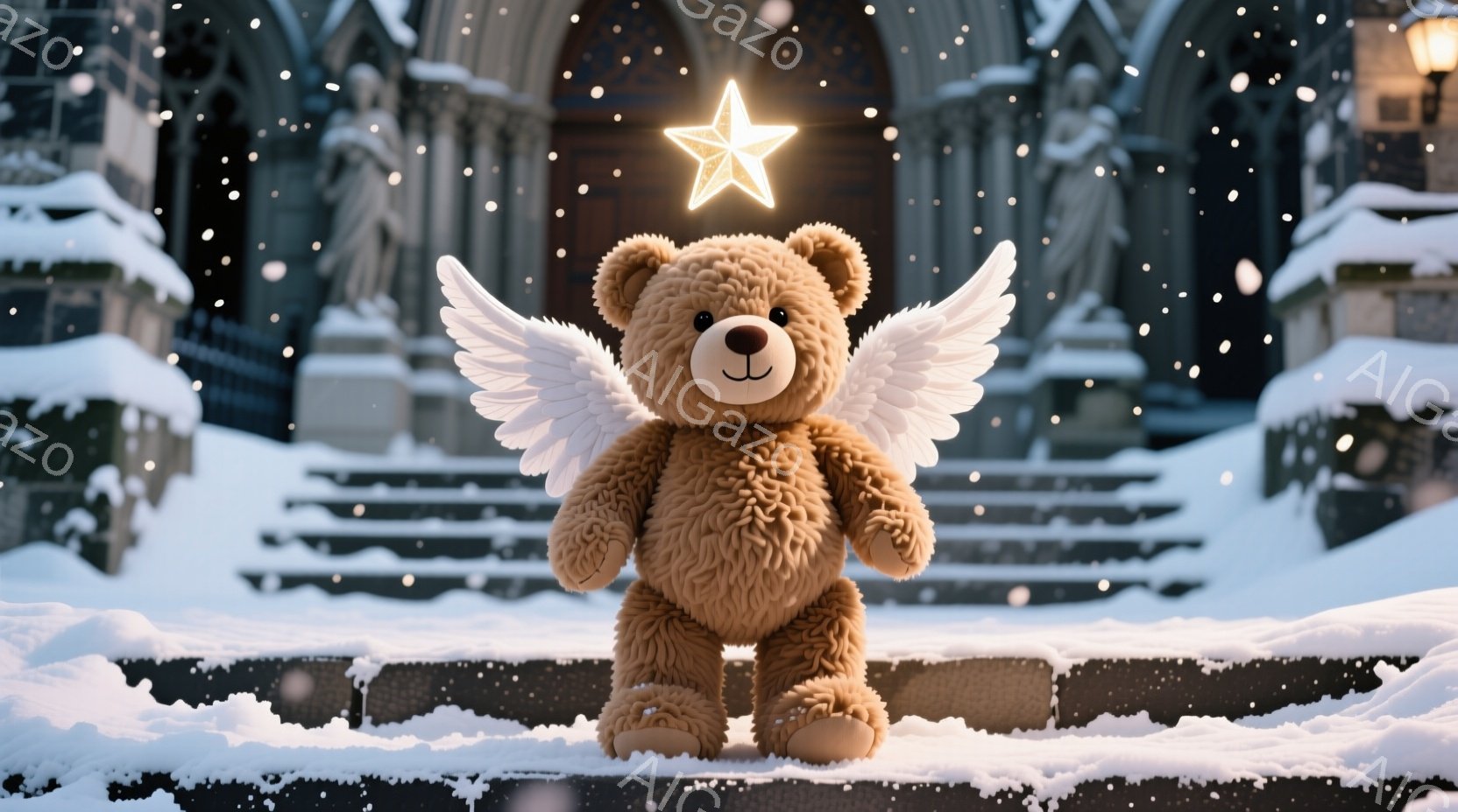 ふわふわの茶色のテディベアが、白い翼を付けて石段に立っている。背景には雪に覆われた荘厳な建物があり、雪が舞い散る冬の風景が広がっている。温かく優しい雰囲気を醸し出す、幻想的な光景だ。 - AI生成フリー素材