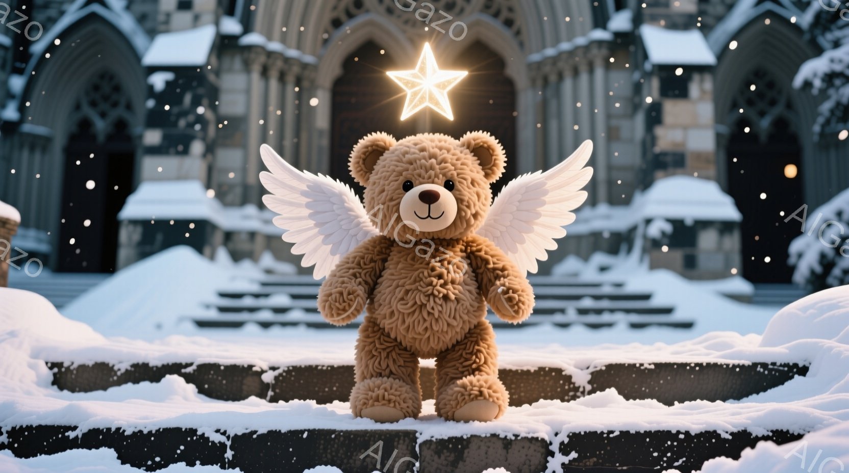ふわふわの茶色のテディベアが、白い翼を広げて石段の上に立っている。背景には雪に覆われたゴシック様式の建物があり、雪が舞い散る冬の景色が広がっている。暖かく優しい雰囲気で、希望や癒しを感じさせるようなイ - AI生成フリー素材