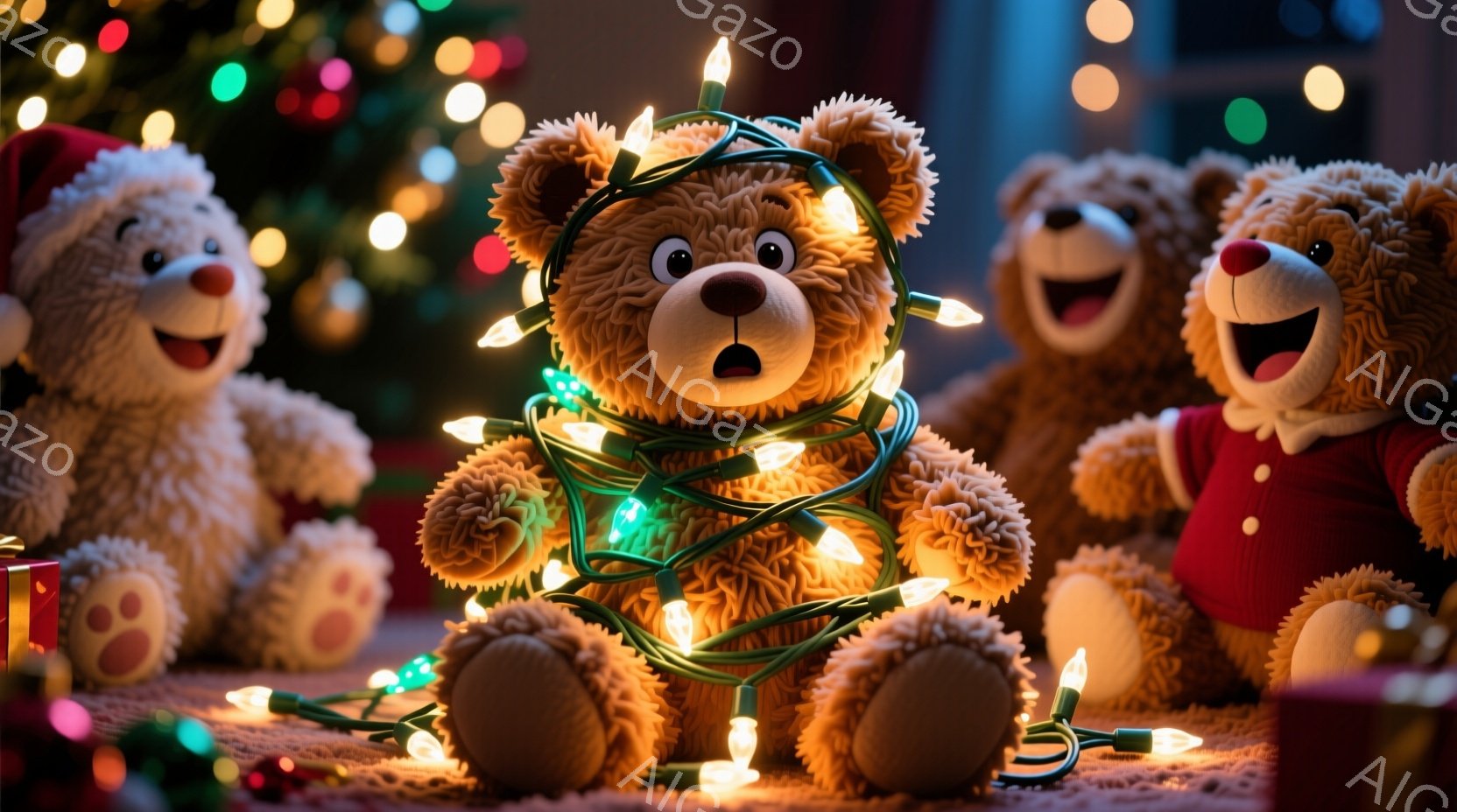 暖炉の光が差し込む室内で、三匹のテディベアがクリスマスプレゼントに囲まれています。中央のクマはクリスマスライトに絡まって困った表情をしており、両脇のクマは嬉しそうに微笑んでいます。背景にはぼやけたクリ - AI生成フリー素材