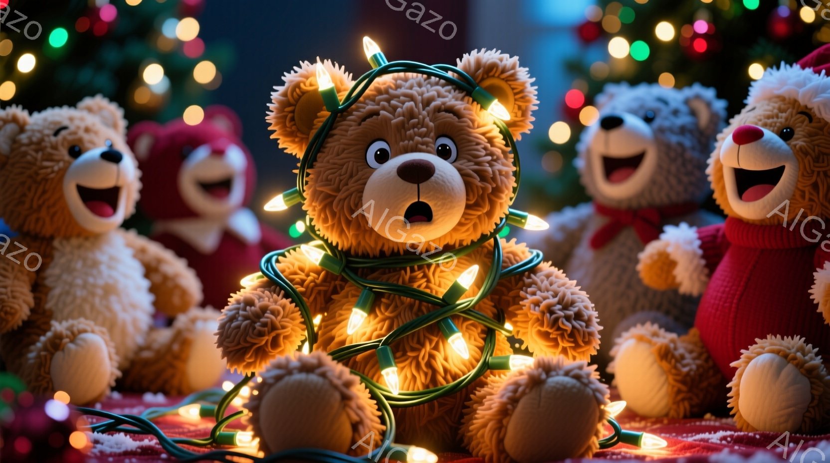 柔らかい毛並みのテディベアたちが集まっており、そのうちの一匹はクリスマスツリーのイルミネーションライトに絡まっている。ベアたちは皆、赤いセーターを着ており、笑顔で愛らしい表情をしている。背景にはぼやけ - AI生成フリー素材