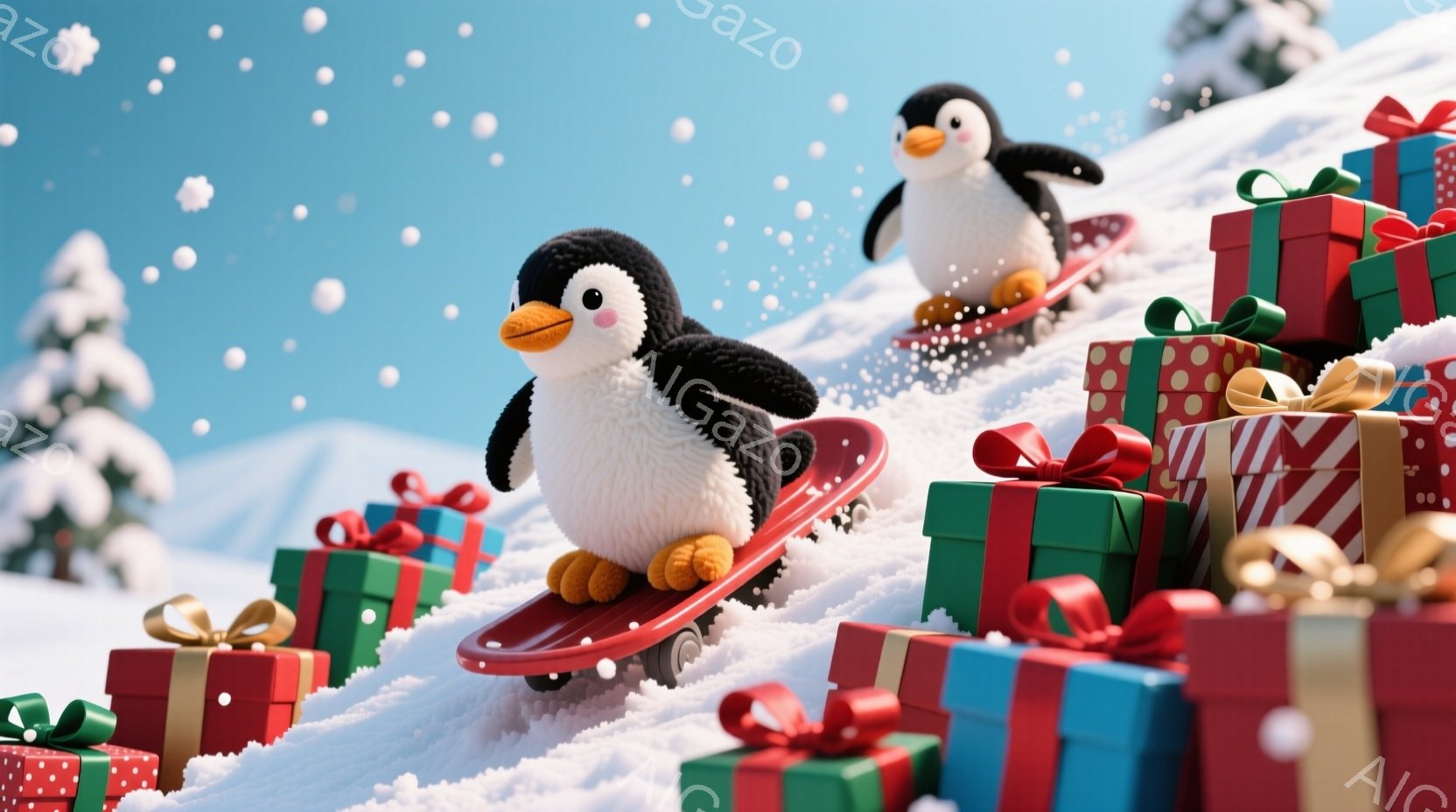 雪景色の中で、プレゼントの箱が積み上げられた坂道を2羽のペンギンがスケートボードで滑り降りています。ペンギンたちは黒と白の体色で、片方のペンギンは赤いスケートボード、もう片方のペンギンは青いスケートボードに乗っており、楽しそうな表情をしています。背景には雪の積もった木々と、青空が広がり、クリスマスの温かく楽しい雰囲気が漂っています。