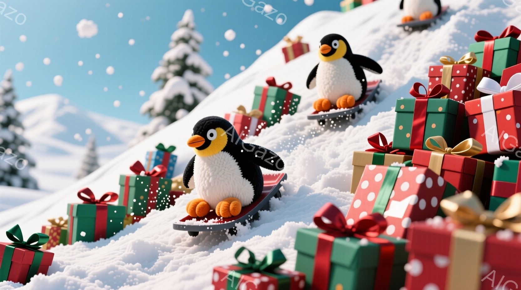 白い雪景色の中に、プレゼントボックスでできた丘をペンギンたちが楽しそうに滑っている様子が描かれています。ペンギンたちはオレンジ色の靴下を履き、笑顔でスノーボードに乗って滑走しています。背景には雪の積も - AI生成フリー素材
