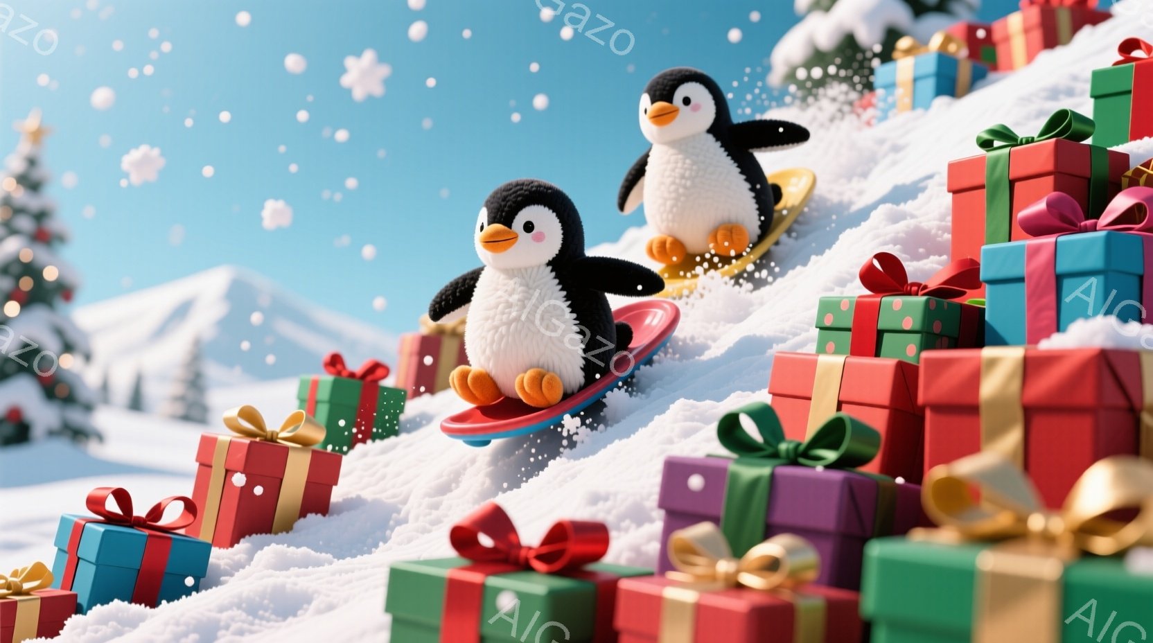 雪景色の中に、プレゼントの山を背景に、ペンギンがスノーボードで滑っている様子が描かれています。ペンギンはオレンジ色の足とくちばしを持ち、楽しそうに滑走しています。背景には、様々な色のラッピングされたプ - AI生成フリー素材