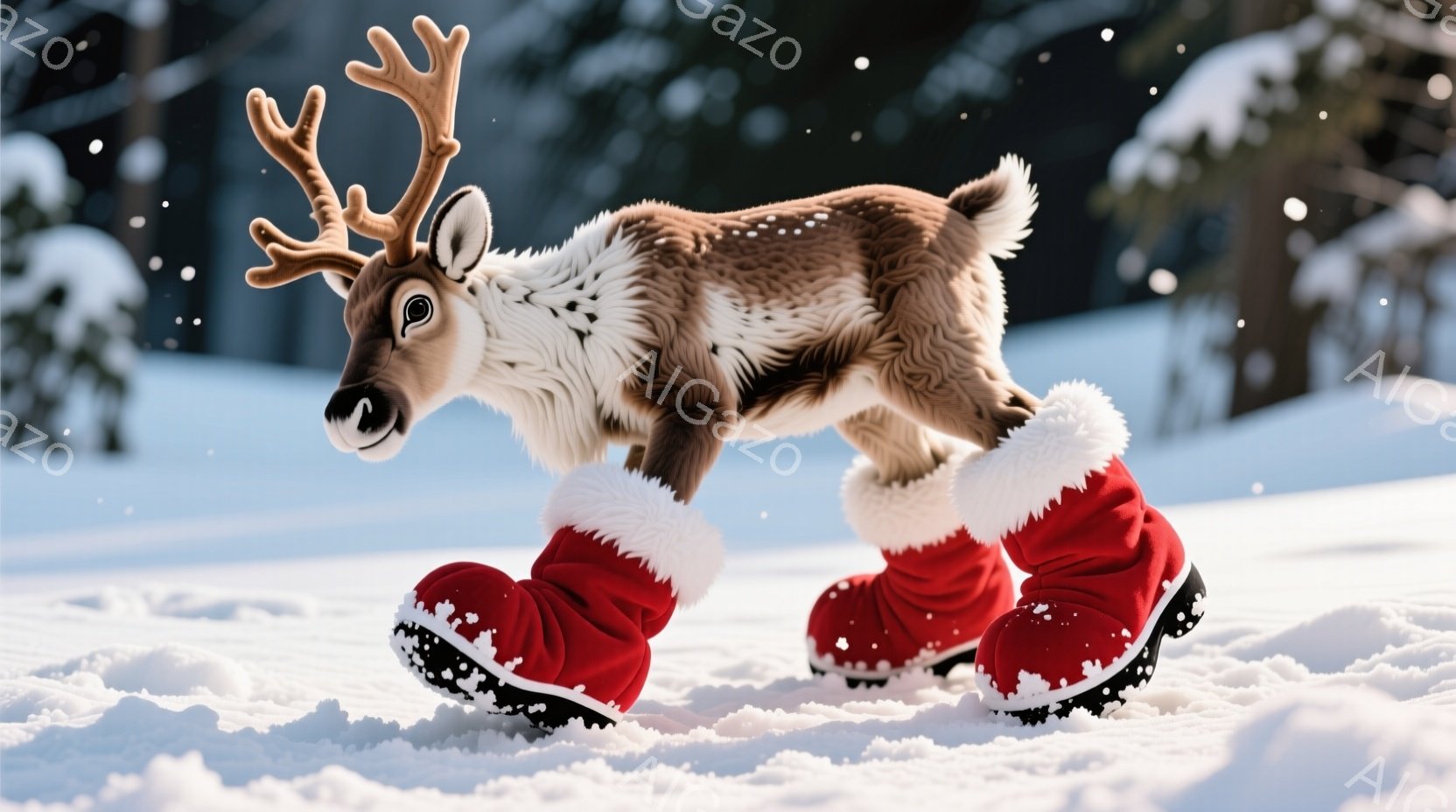 雪景色の中、赤いサンタブーツを履いた可愛らしいトナカイが写っています。トナカイは前足を高く上げて歩いているようで、その表情は楽しげで活発です。背景には雪に覆われた木々が見え、全体的に冬の暖かく幻想的な雰囲気を醸し出しています。