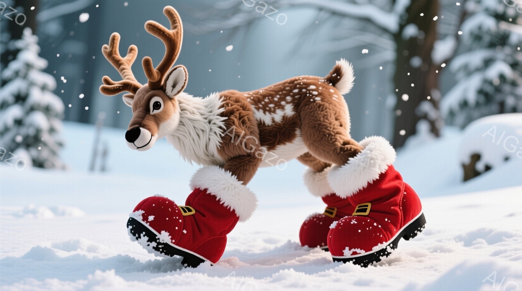 雪景色の中に、赤いサンタのブーツを履いたトナカイが描かれています。トナカイは前足を大きく前に出し、雪の上を歩いている途中で、コミカルなポーズをとっています。背景には雪に覆われた木々があり、冬の静かで遊び心のある雰囲気を醸し出しています。