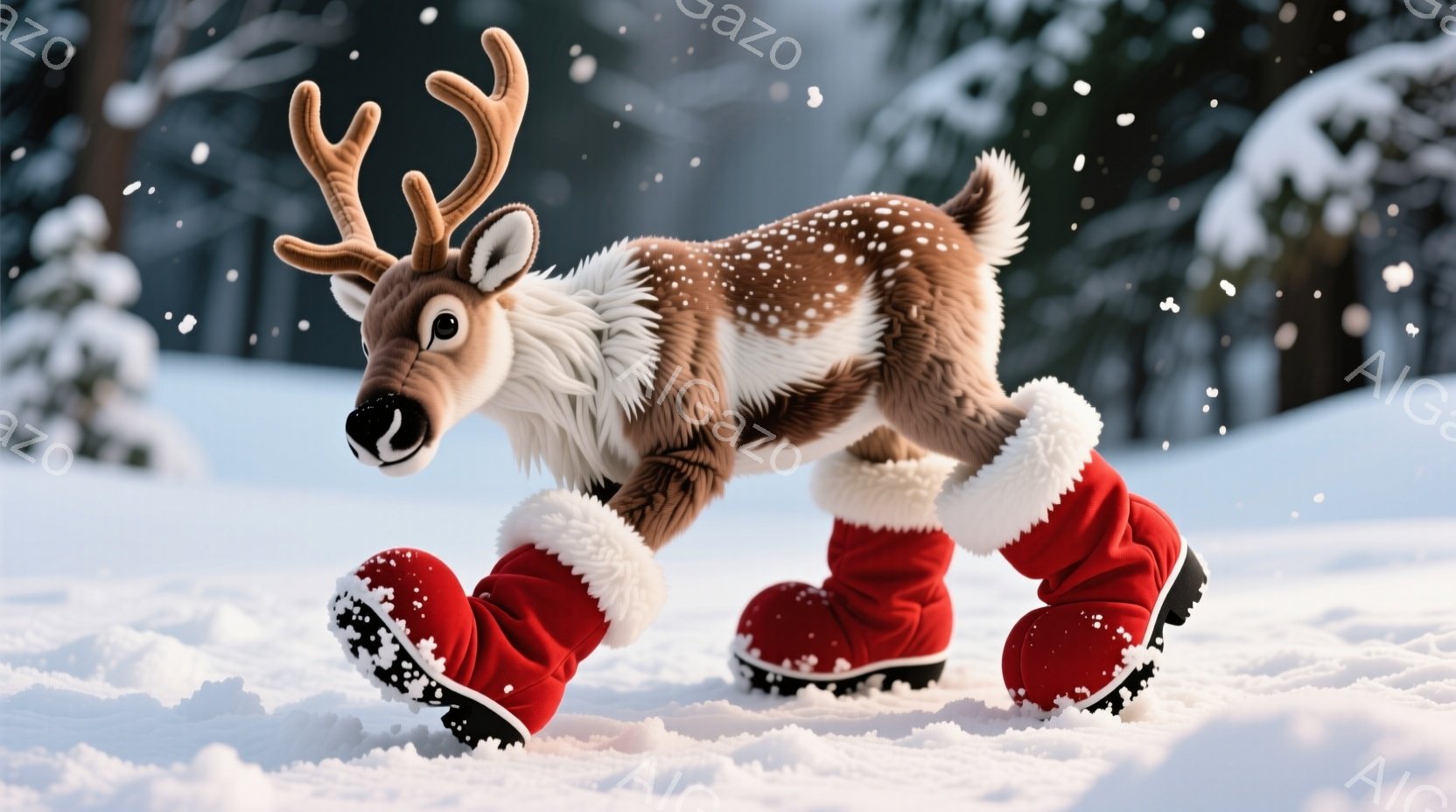 これは、雪景色の中で、大きな赤いブーツを履いた子ジカの可愛らしい画像です。子ジカは茶色と白の毛並みで、大きな角を持ち、少しユーモラスな表情をしています。背景には雪に覆われた木々があり、冬の穏やかで遊び心のある雰囲気を醸し出しています。