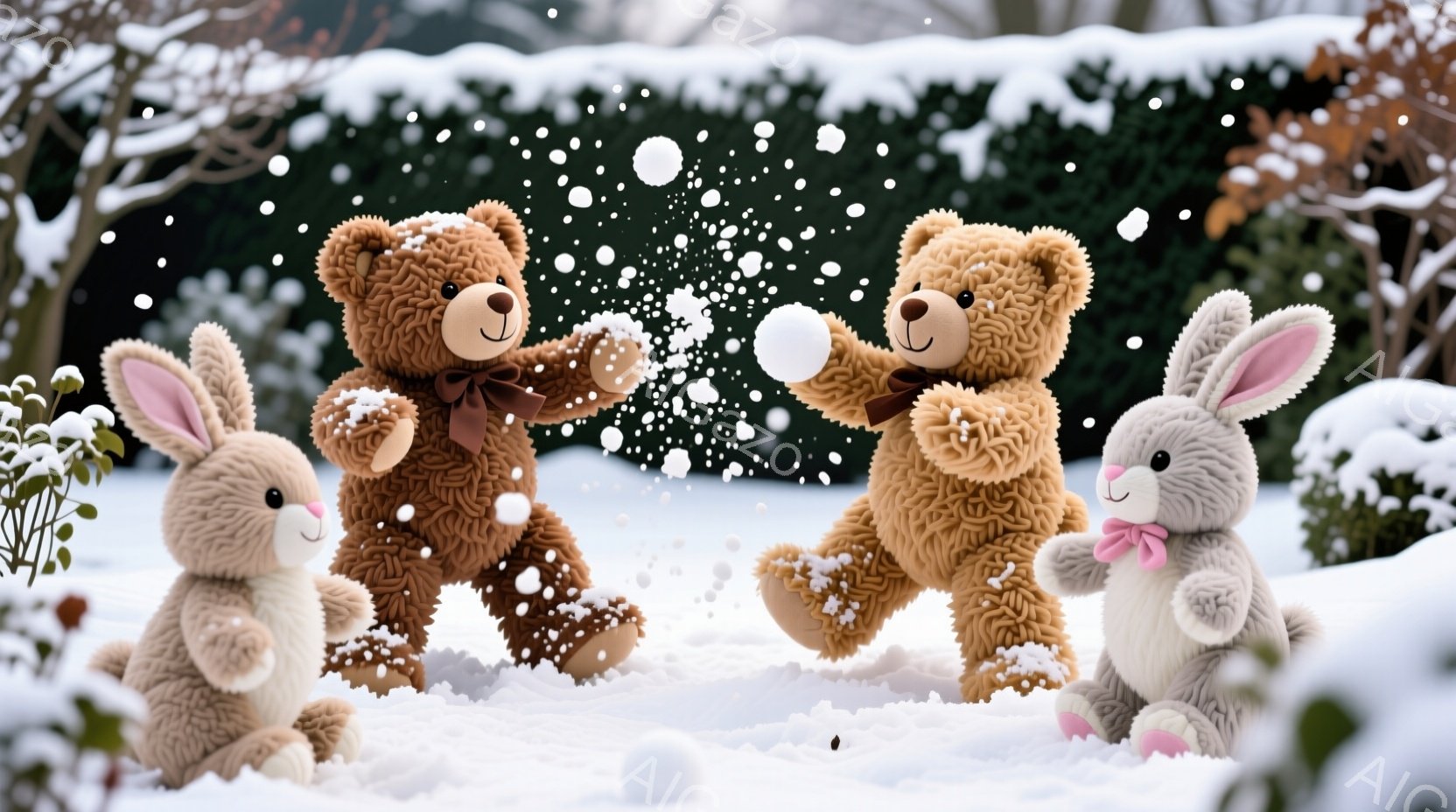 雪景色の中で、二匹のテディベアと二匹のウサギのぬいぐるみたちが雪合戦を楽しんでいる様子が描かれている。クマのぬいぐるみは茶色で、赤いリボンを首に巻いており、楽しそうに雪玉を投げている。ウサギのぬいぐる - AI生成フリー素材