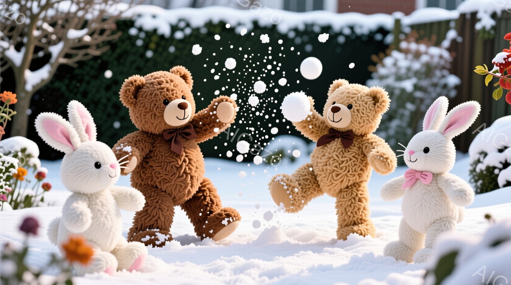 雪景色の中で、茶色のクマのぬいぐるみ二体と白いウサギのぬいぐるみ一体が雪合戦を楽しんでいる様子が描かれている。クマたちは赤いリボンを首に巻き、ウサギはピンクのリボンを身に着け、全員が笑顔で雪玉を投げている。背景には雪で覆われた植物やフェンス、そしてぼんやりと見える建物があり、冬の暖かく楽しい雰囲気が漂っている。