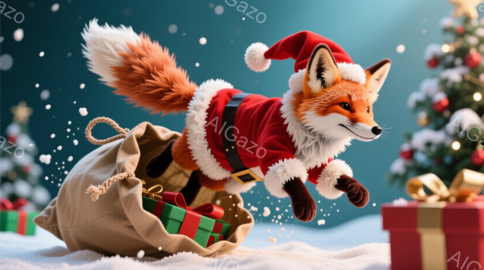 鮮やかな赤いサンタの衣装を着たキツネが、プレゼントが入った袋から飛び出してくる様子が描かれています。キツネは嬉しそうな表情で、プレゼントの箱が散らばる雪景色の中で勢いよくジャンプしています。背景にはク - AI生成フリー素材