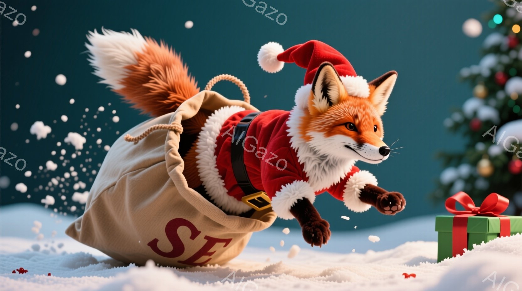 鮮やかな赤いサンタの衣装を着たキツネが、雪の上を飛び跳ねています。衣装は白い毛皮の縁取りがあり、ベルトで締められています。背景には緑色のプレゼントボックスと、雪が舞うクリスマスツリーがあり、全体的に暖かく楽しいクリスマスの雰囲気が漂っています。