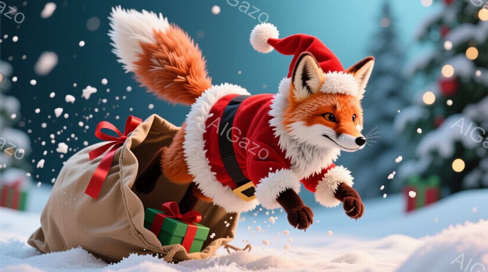 明るい雪景色の中で、サンタの衣装を着たキツネがプレゼントが入った袋から飛び出している様子が描かれています。キツネは赤い帽子と白い縁取りの赤いジャケットを着ており、楽しそうな表情で雪の中を駆け抜けていま - AI生成フリー素材