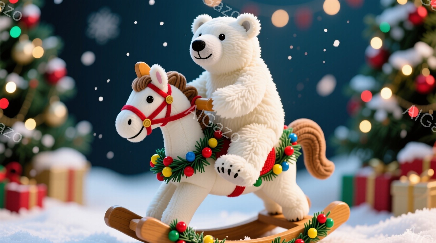白いテディベアが、クリスマス装飾が施されたロッキングホースに乗っています。ロッキングホースには、赤いリボンと緑の葉っぱの飾り付けがされており、テディベアは嬉しそうな表情でハンドルを握っています。背景に - AI生成フリー素材