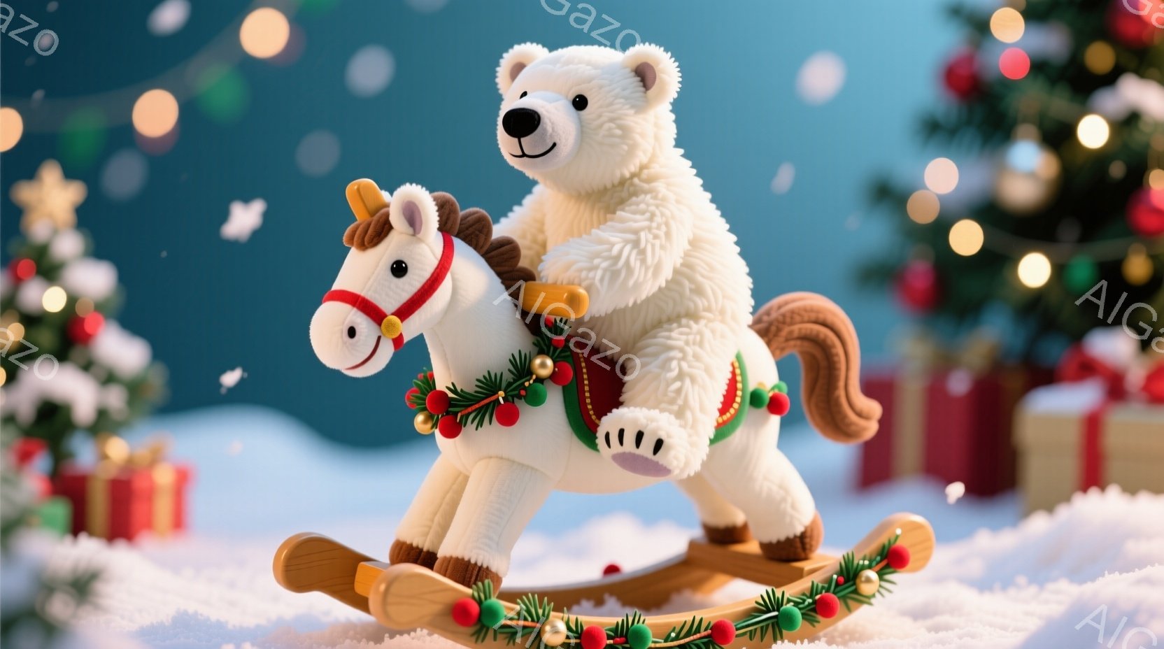 白いテディベアが木製のロッキングホースに乗っており、クリスマスらしい装飾が施されています。背景には雪景色と、クリスマスツリーやプレゼントが置かれており、暖かくお祝いの雰囲気が漂っています。ロッキングホースにも赤い実や緑の葉っぱの飾り付けがあり、全体的に可愛らしく心温まる光景です。
