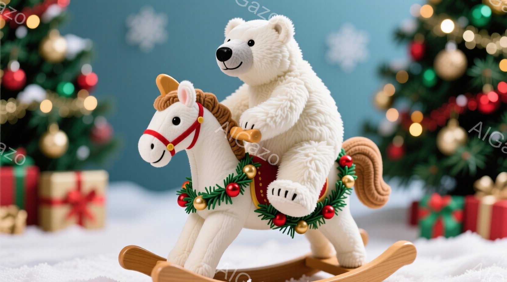 白いテディベアが、赤い飾り紐がついた木製のロッキングホースに乗っている様子が描かれている。背景には、クリスマスツリーやプレゼントボックスが置かれ、雪景色が広がっている。全体的に、温かく、お祝いの雰囲気 - AI生成フリー素材