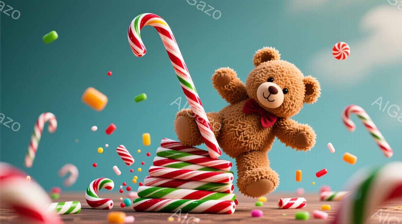 茶色のテディベアが、赤と緑のキャンディケーンの山の上を飛び越えています。背景には木製のテーブルがあり、キャンディの破片が散りばめられています。全体的に、遊び心があり、お祭り気分で、甘いお菓子の香りが漂 - AI生成フリー素材