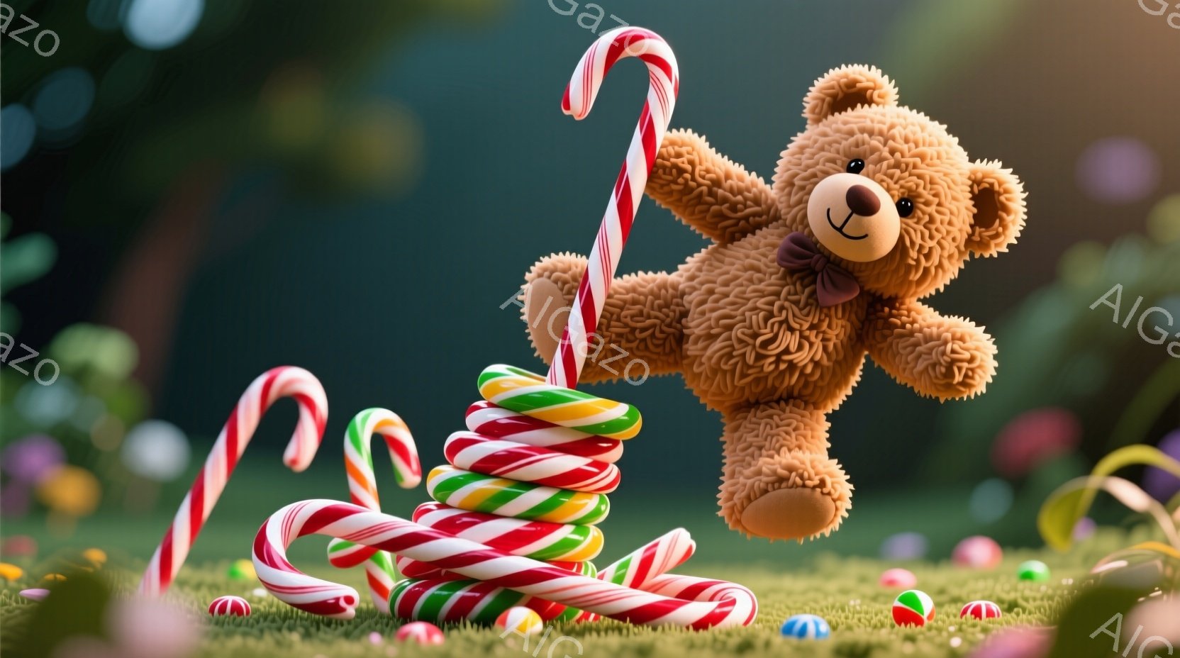 柔らかい茶色のテディベアが、赤と白、緑と白のキャンディケーンの山の上にポーズをとっています。ベアは小さな茶色のリボンを結んでおり、少し驚いたような表情をしています。背景には緑の草地が広がり、カラフルな - AI生成フリー素材